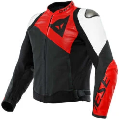 Giacca Moto In Pelle Dainese SPORTIVA Traforata Nero Lava Rosso Bianco