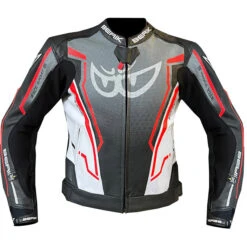 Giubbotto Moto In Pelle Berik LJ-181334C Nero Bianco Grigio Rosso Fluo