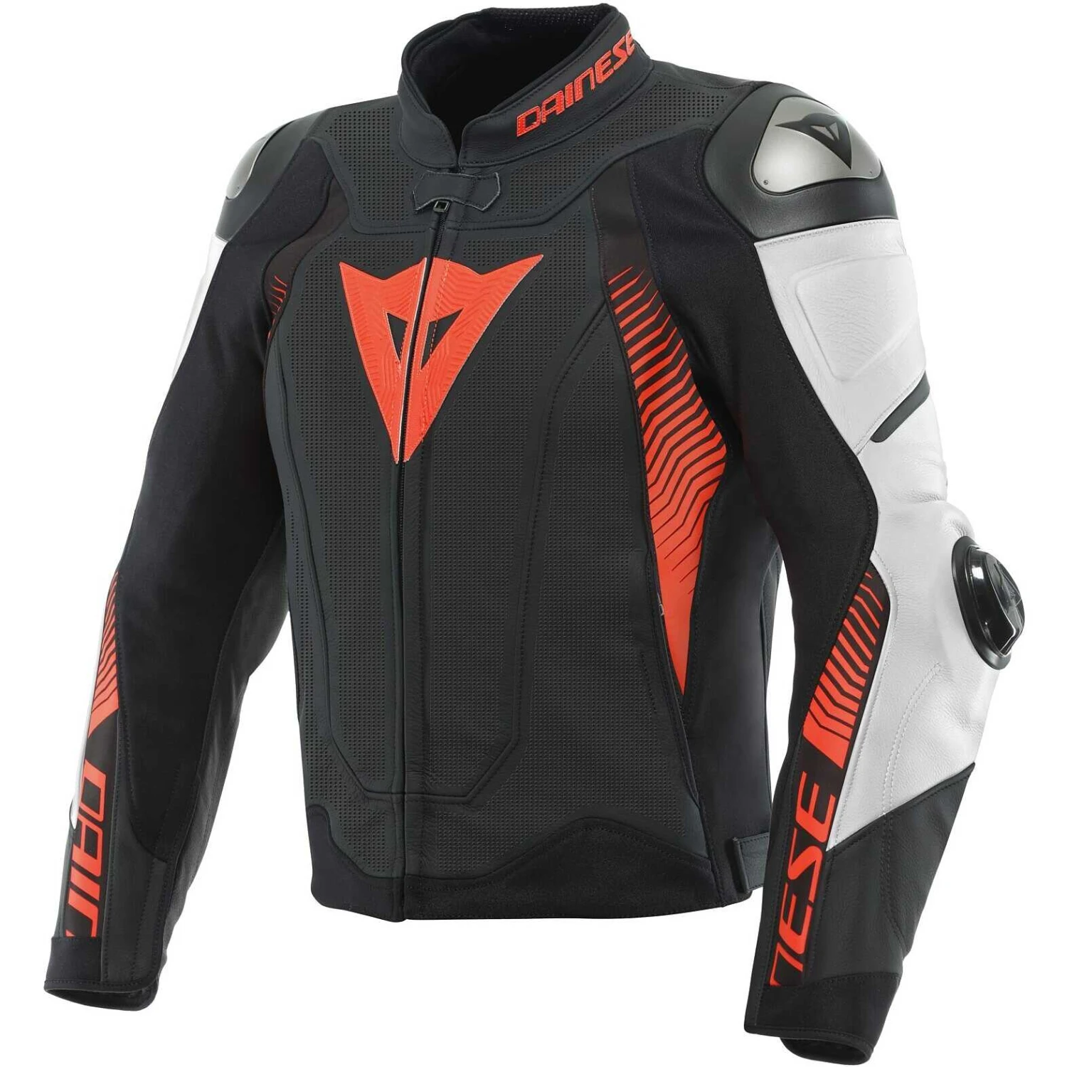 Giubbotto Moto Pelle Dainese SUPER SPEED 4 Traforata Nero Opaco Bianco Fluo Rosso 1 Giubbotto Moto Pelle Dainese SUPER SPEED 4 Traforata Nero Opaco Bianco Fluo Rosso